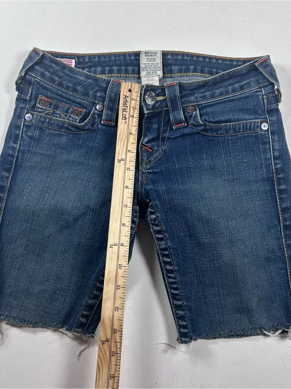 True Religion Women’s Made in USA Distressed Denim Shorts fits: 28 Stella Cut Of
